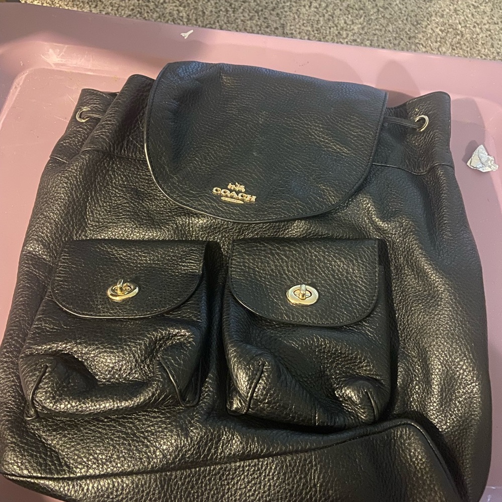 Coach Black Leather Backpack with Gold Accents